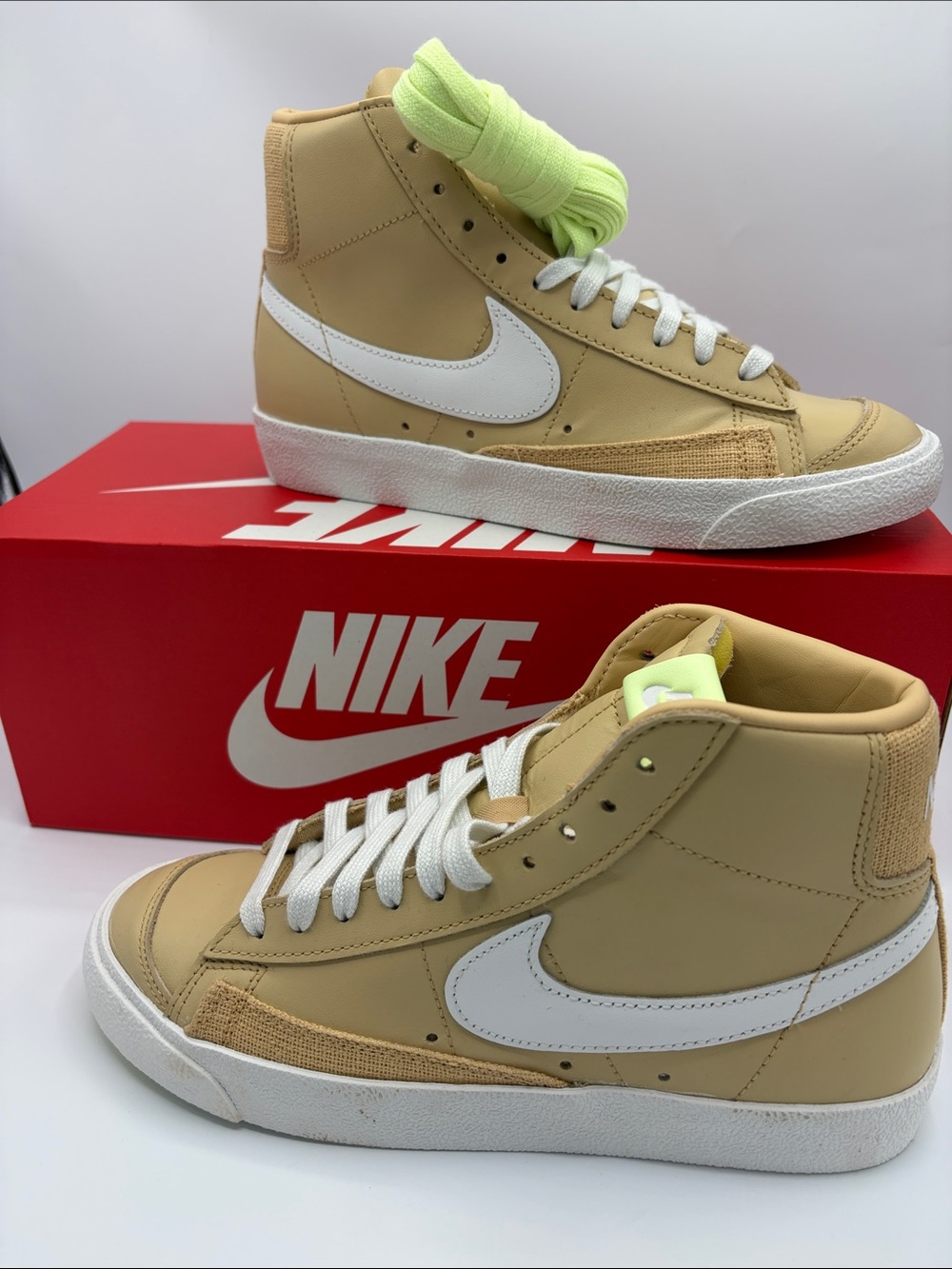 NEW✨Nike Blazer Mid 'Tan with White Swoosh and Neon Green Laces'